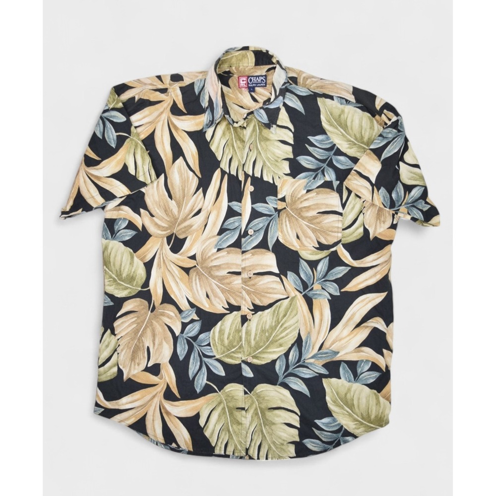 Chaps Ralph Lauren Shirt Mens Large Floral Hawaiian Wooden Buttons Short Sleeve